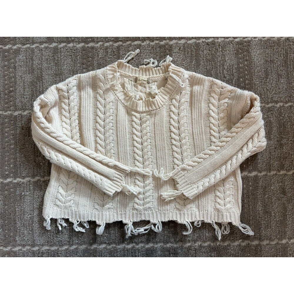 Altar’d State Womens S Cream Cable Knit Distressed Sweater Boho Fringe Pullover